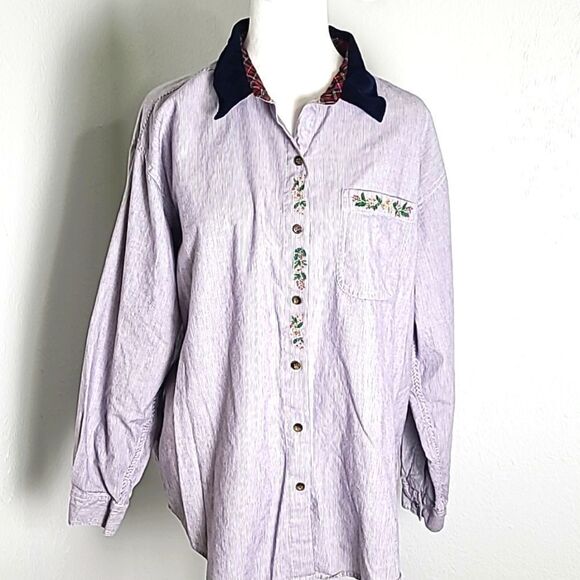 Holiday Shirt, Blue Pinstripe, Navy Collar, Red & Green Holly Accents, Size XL - Picture 2 of 8